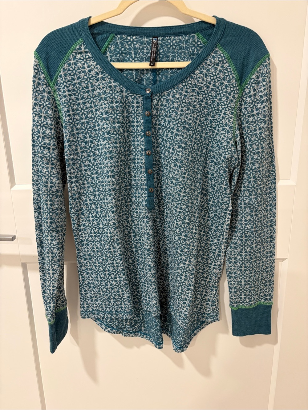 Teal Patterned Kuhl Henley Long Sleeve Top